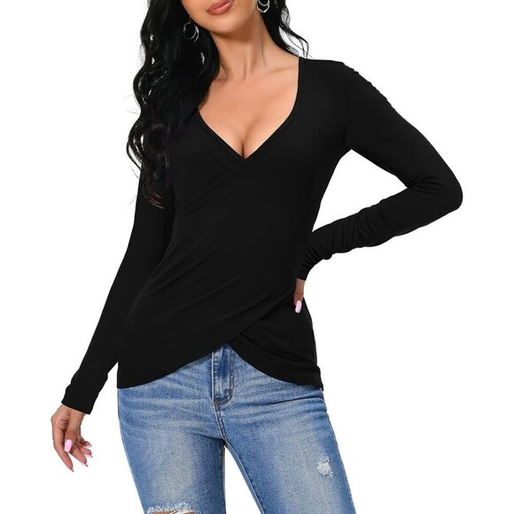 Women V-Neck Long Sleeve Slim Shirt Blouse Black Plus Size - Picture 4 of 7